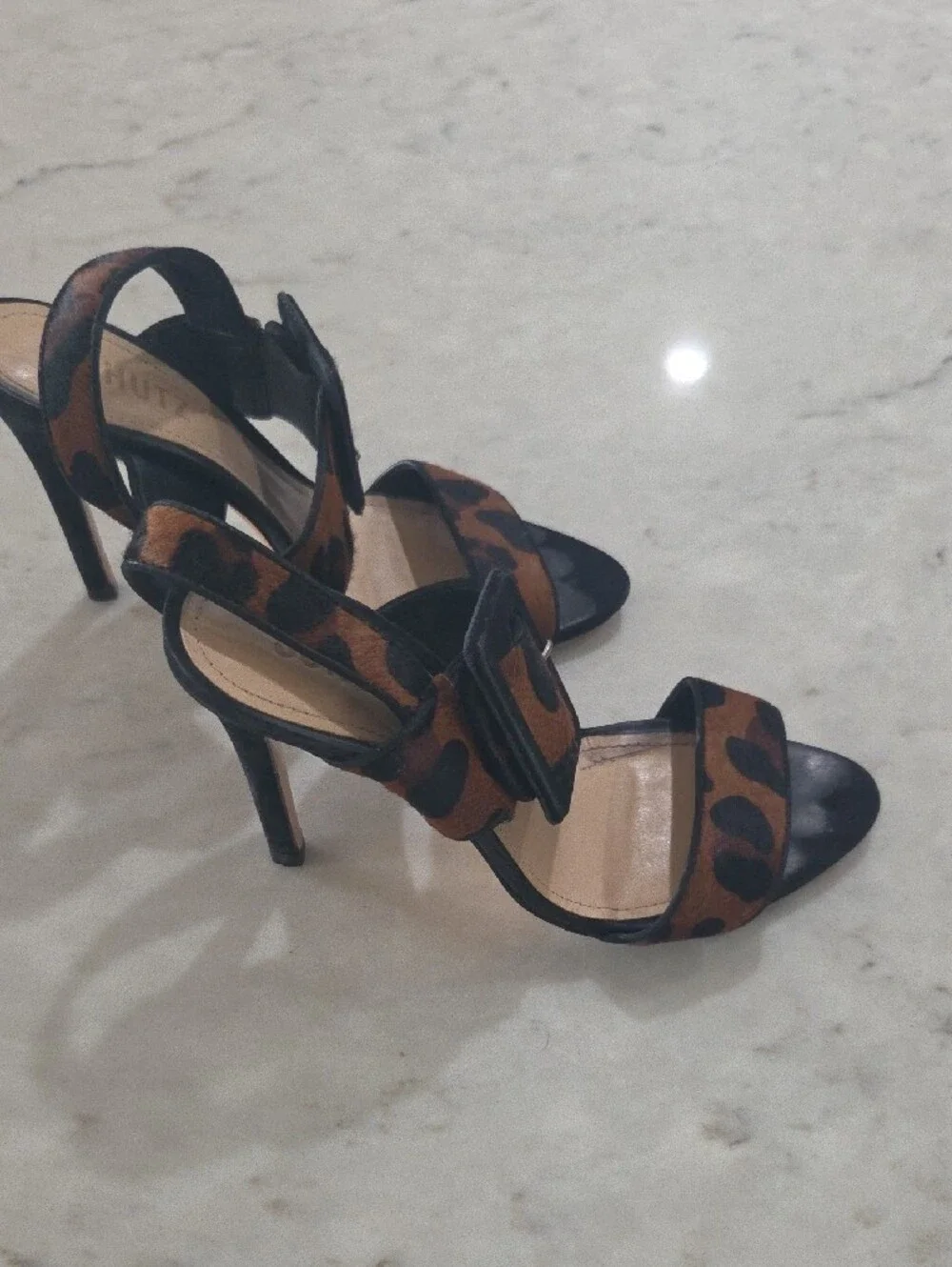 SCHUTZ Leopard Print Strappy Heels in Brown and Black